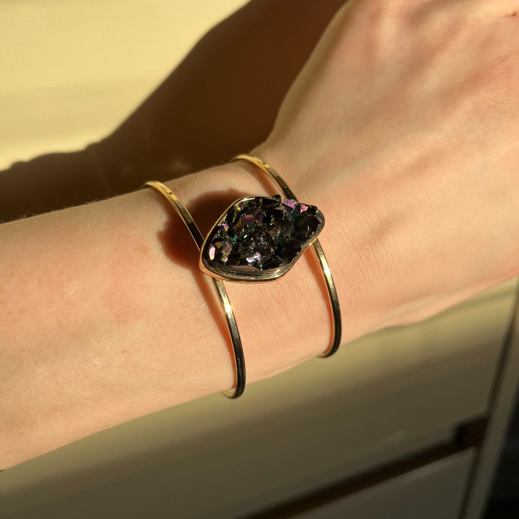 Gold Iridescent Druzy Cuff Bracelet With Faux Crystal Stone 10$